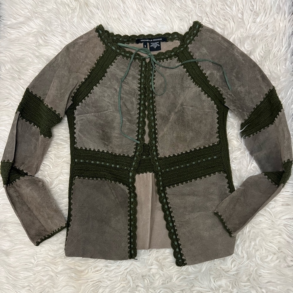 Michelle Nicole Size Small 100% Leather Brown Tie Cardigan With Green Crochet